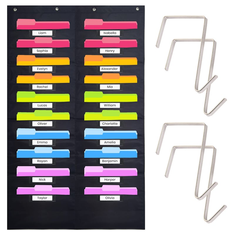 Hippo Creation Heavy Duty Storage Pocket Chart for Classroom  20 Pocket Storage Organizer with 4 Over-Door Hangers  Hanging Wall Organizer for File Folders  School Mailbox  Home Office Papers - Black - Image 1